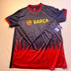 FC Barcelona Soccer Jersey Mens L Navy Red Dot Pattern Short Sleeve Athletic